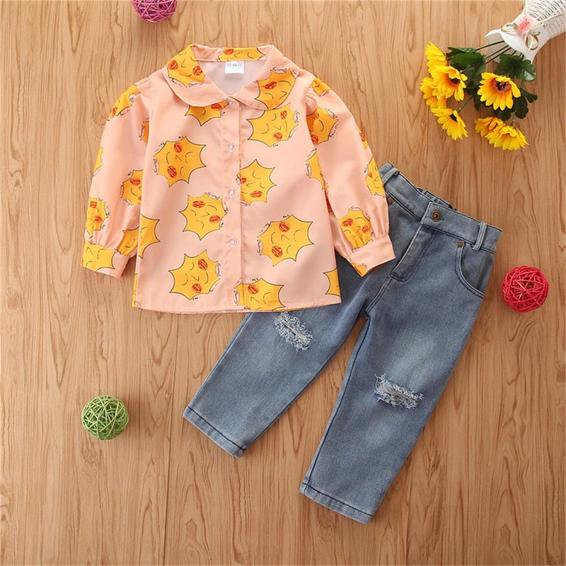 Girls Cartoon Printed Long Sleeve Blouse & Ripped Jeans Girl Wholesale - PrettyKid