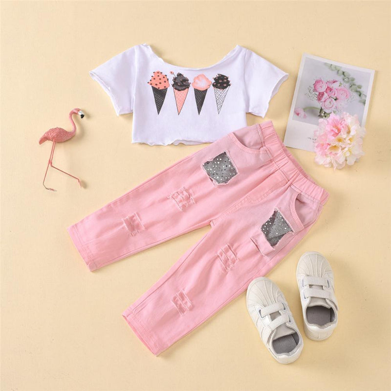 Girls Cartoon Printed Short Sleeve Top & Ripped Pants Cheap Childrens clothing Wholesale - PrettyKid