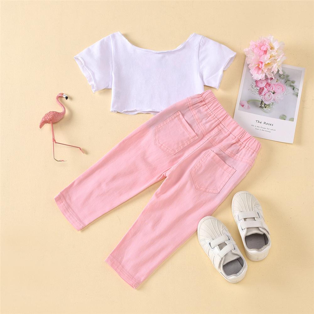 Girls Cartoon Printed Short Sleeve Top & Ripped Pants Cheap Childrens clothing Wholesale - PrettyKid