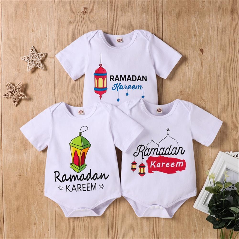Baby Cartoon Rammadan Letter Printed Short Sleeve Romper new born baby dress wholesale - PrettyKid