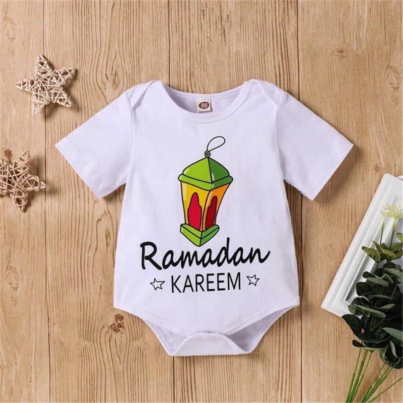 Baby Cartoon Rammadan Letter Printed Short Sleeve Romper new born baby dress wholesale - PrettyKid