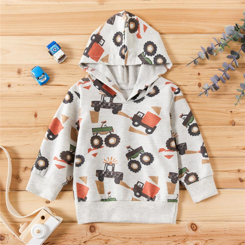 Boys Cartoon Truck Print Long Sleeve Hooded T-shirt - PrettyKid