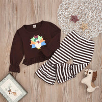 Toddler Girl Cartoon Turkey Top & Stripe Bell Trousers Wholesale Girls - PrettyKid