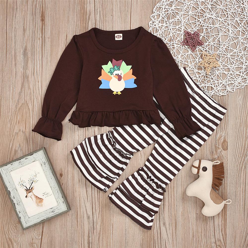 Toddler Girl Cartoon Turkey Top & Stripe Bell Trousers Wholesale Girls - PrettyKid