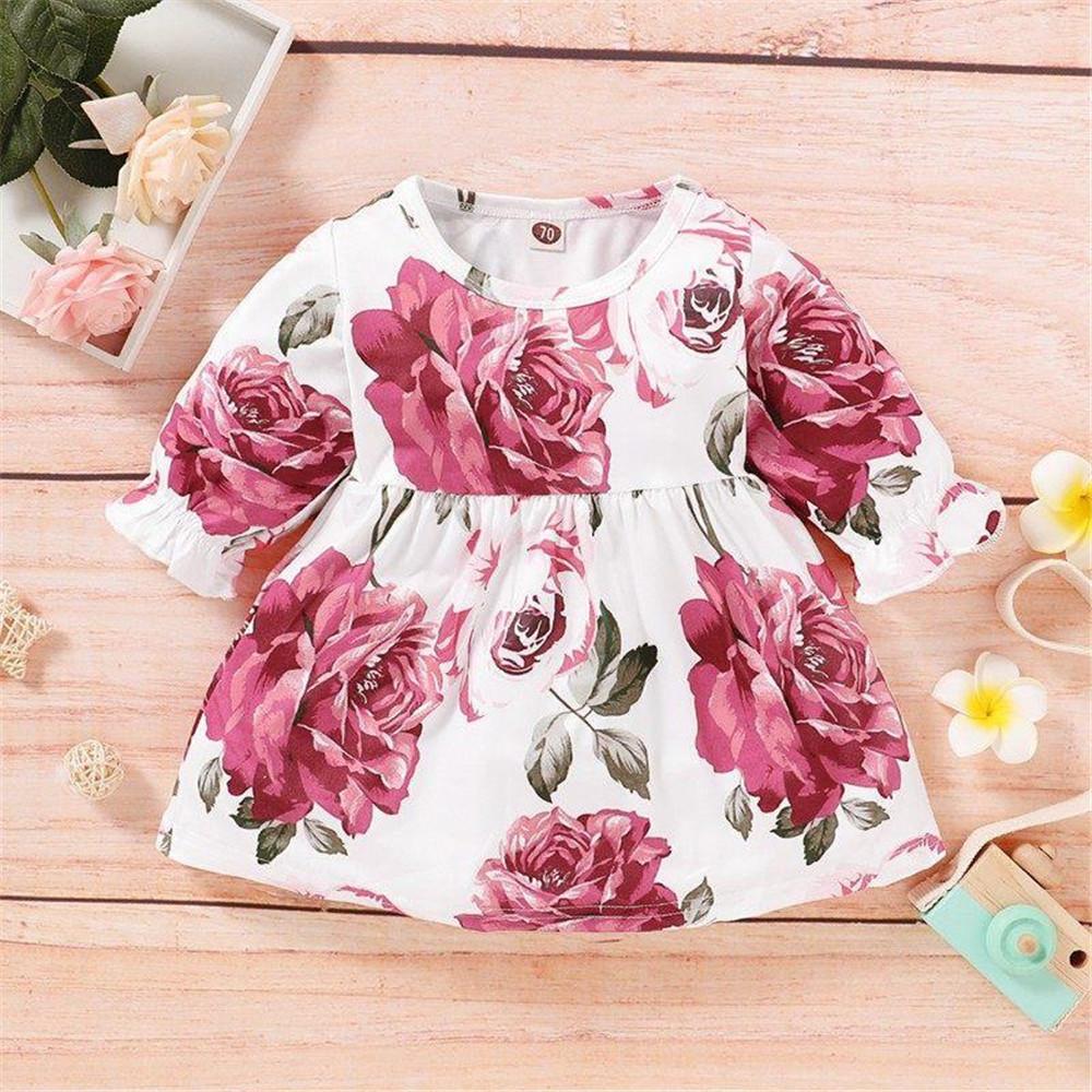 Baby Casual Floral Printed Crew Neck Dress - PrettyKid