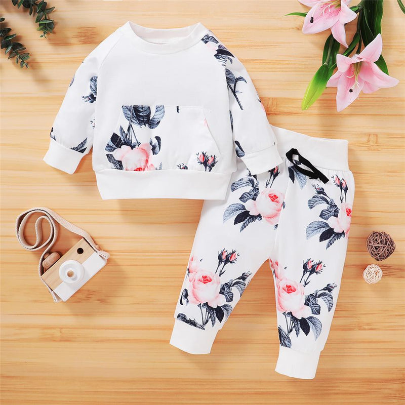 Baby Girls Casual Floral Printed T-shirt & Pants Baby Wholesales - PrettyKid