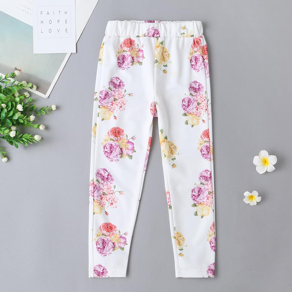 Girls Casual Flower Printed Elastic Waist Trousers - PrettyKid
