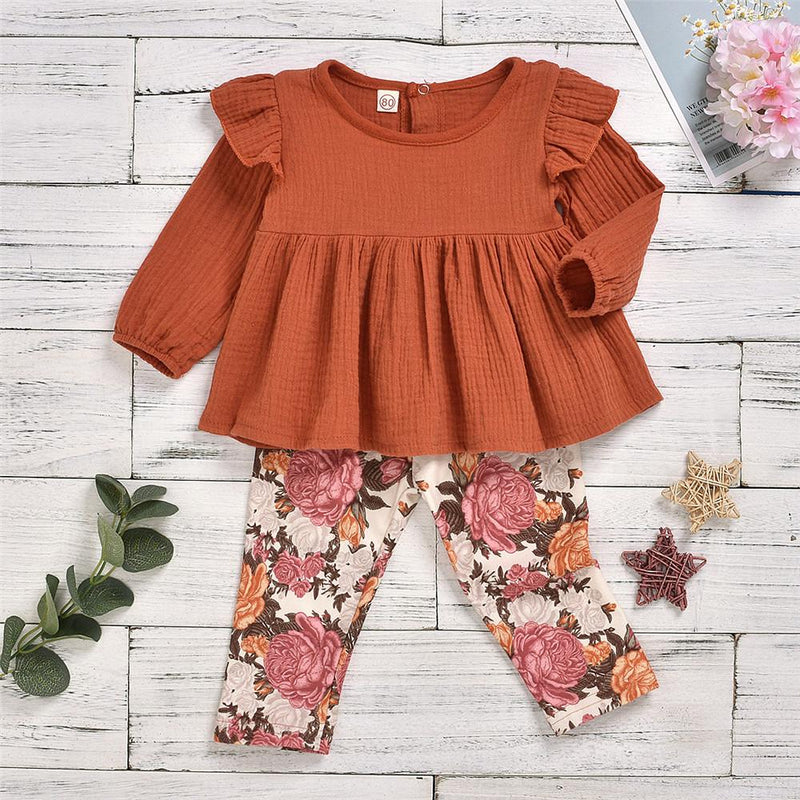 Girls Casual Long Sleeve Solid T Shirt & Floral Printed Pants - PrettyKid