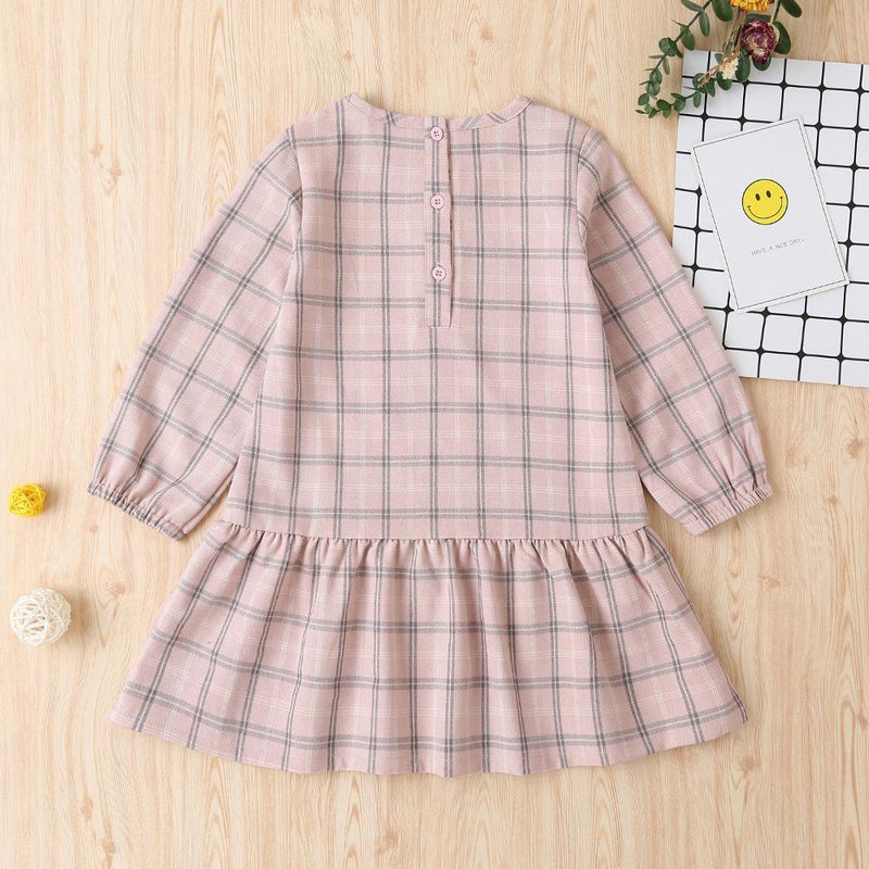 Girls Casual Plaid Crew Neck Long Sleeve Dress Wholesale - PrettyKid