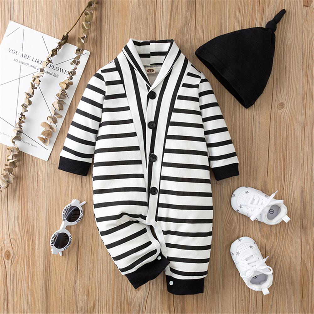 Baby Unisex Casual Striped Button Romper & Hat Baby Clothing Wholesale - PrettyKid