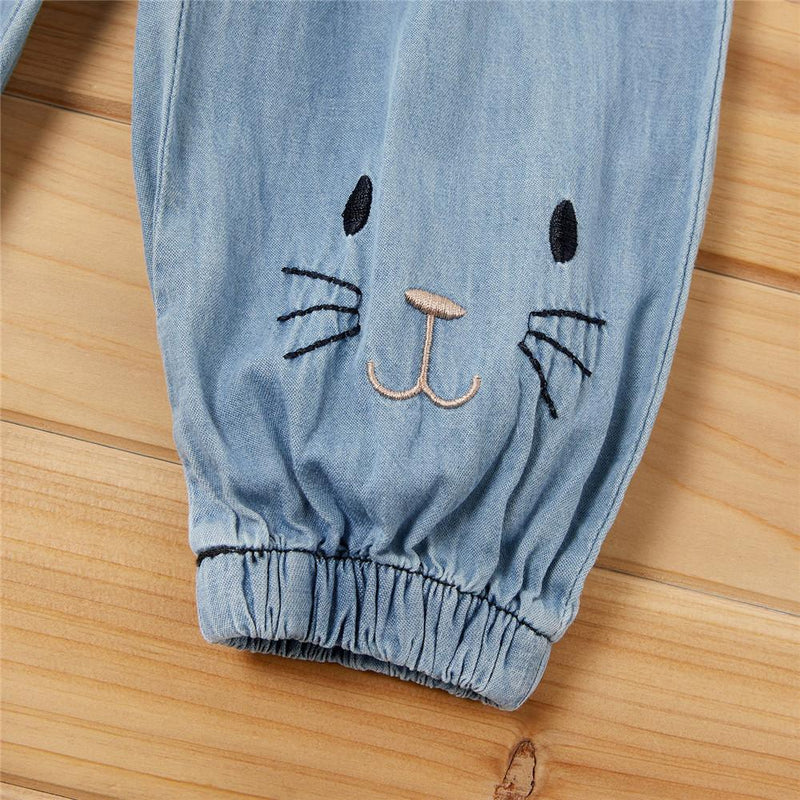 Girls Cat Animal Embroidery Casual Jeans - PrettyKid