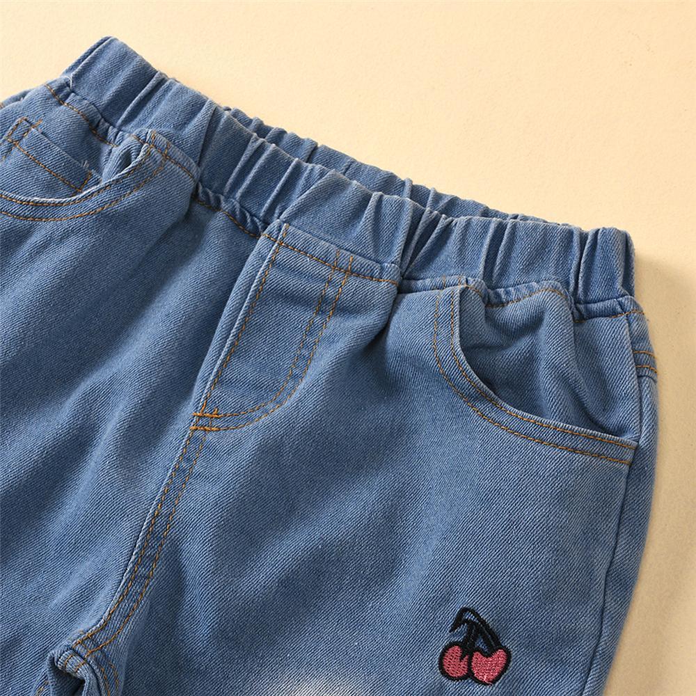 Girls Cherry Fruit Embroidery Denim Trousers Wholesale - PrettyKid