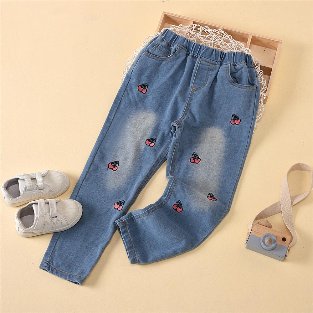 Girls Cherry Fruit Embroidery Denim Trousers Wholesale - PrettyKid