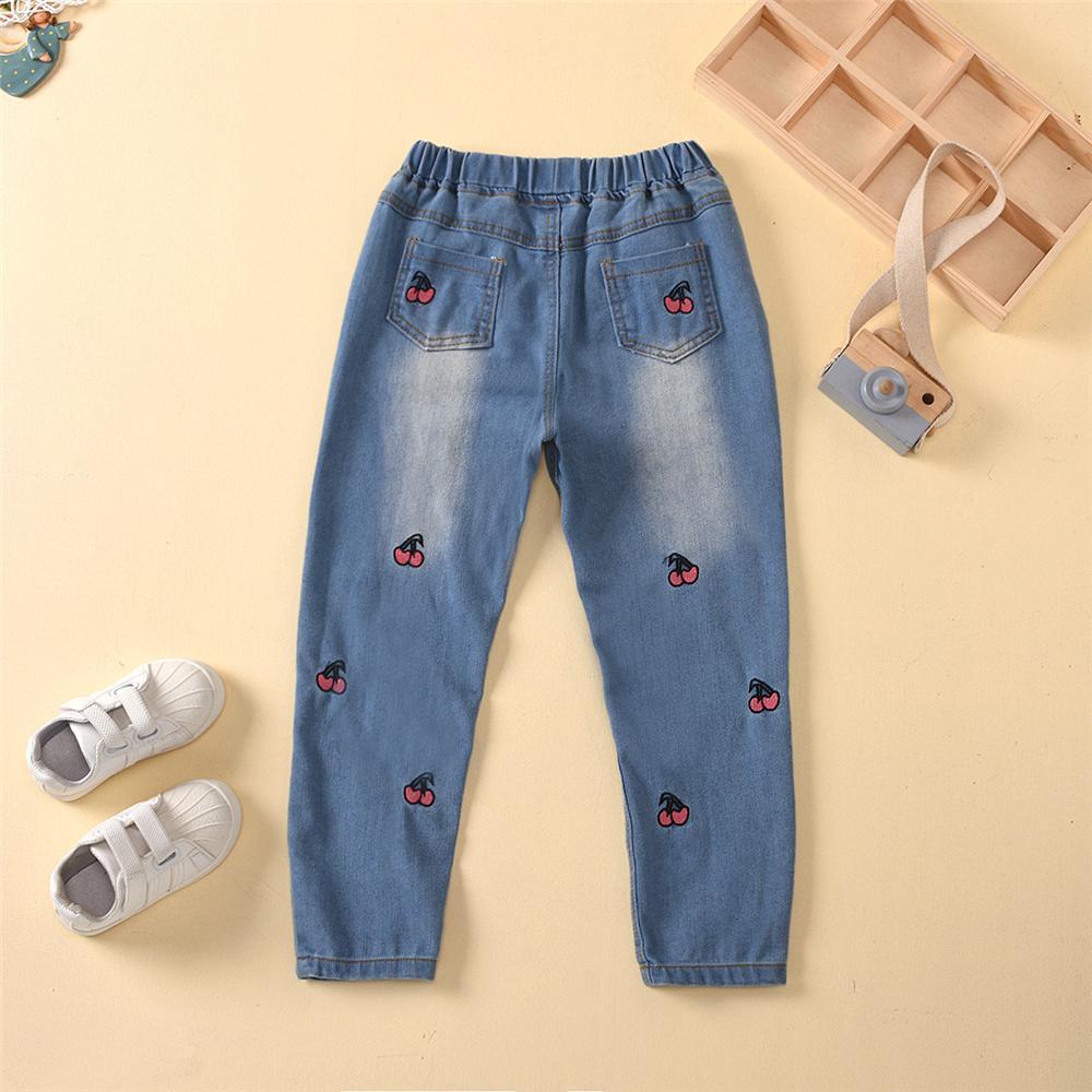 Girls Cherry Fruit Embroidery Denim Trousers Wholesale - PrettyKid