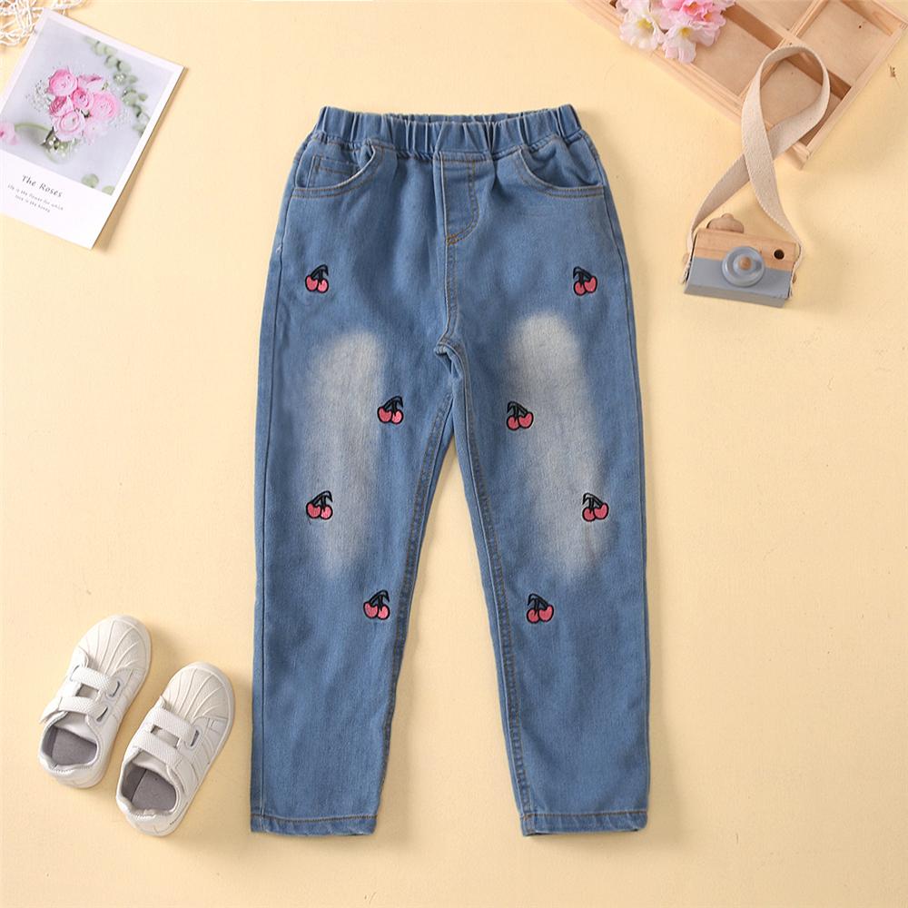 Girls Cherry Fruit Embroidery Denim Trousers Wholesale - PrettyKid