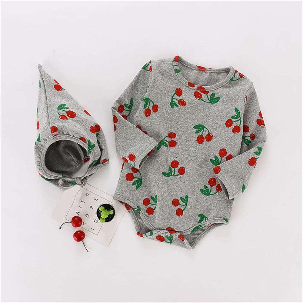 Baby Girls Cherry Printed Romper & Hat - PrettyKid