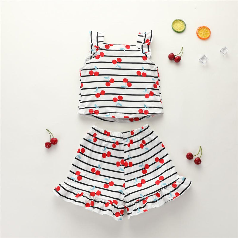 Girls Cherry Printed Striped Sleeveless Top & Shorts Baby clothes Cheap Wholesale - PrettyKid