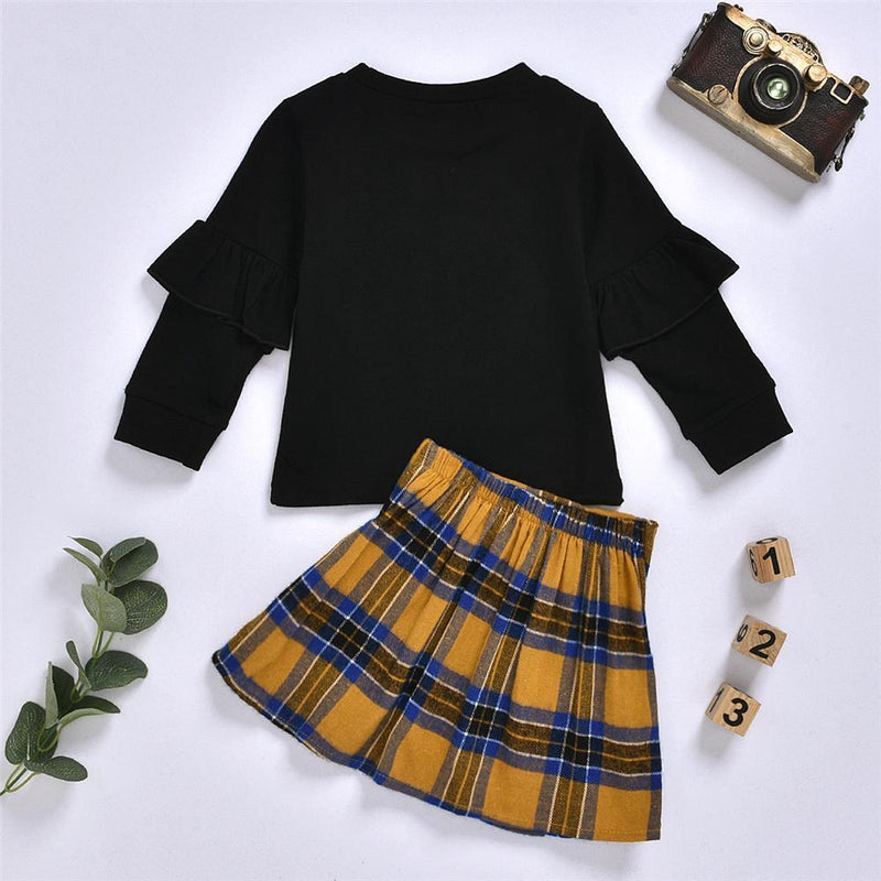 Girls Chic Long Sleeve Crew Neck Top & Plaid Skirt Girls Clothing Wholesalers - PrettyKid