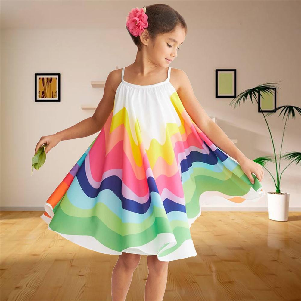 Girls Chiffon Rainbow Printed Suspender Dress Wholesale Childrens Dresses - PrettyKid