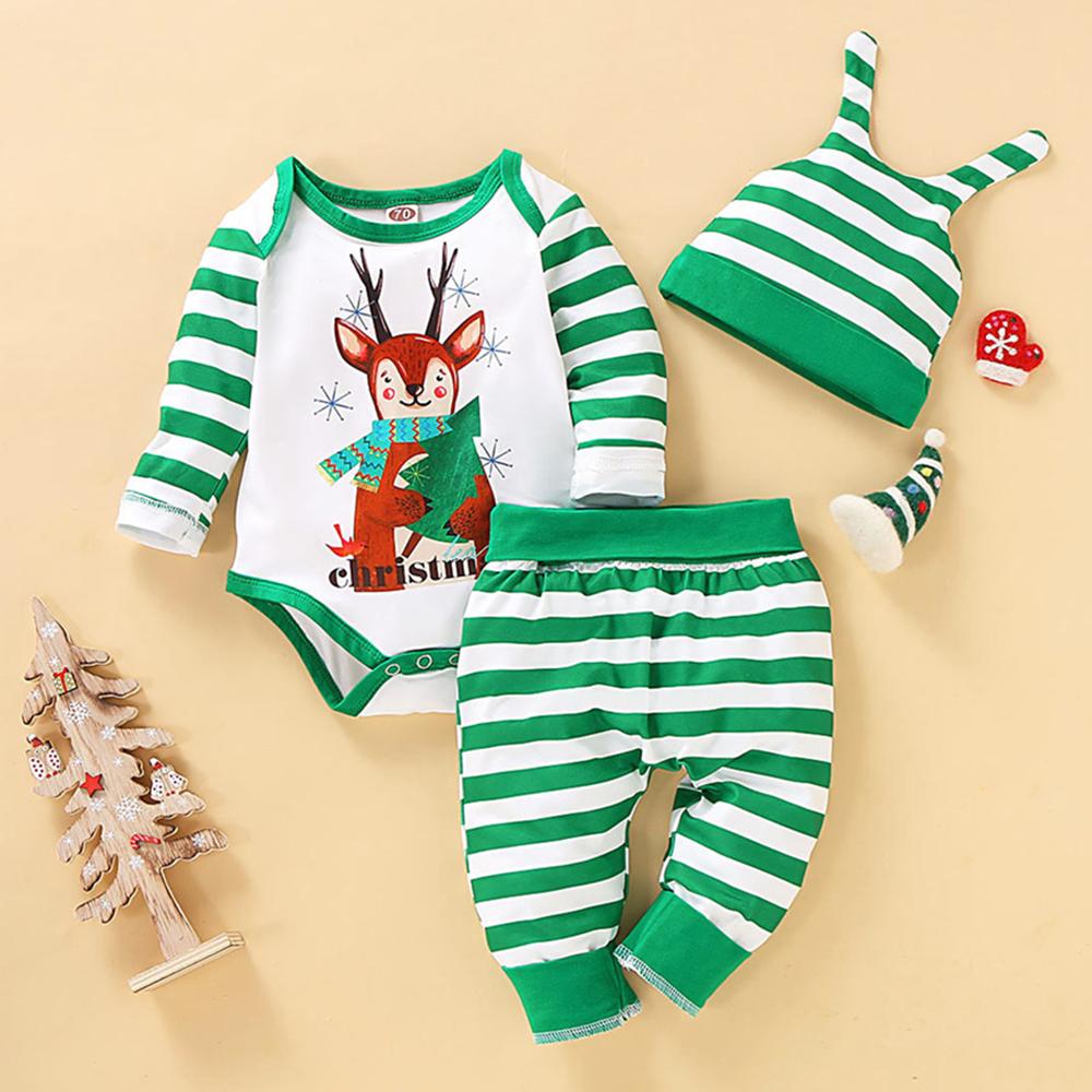 Baby Christmas Deer Striped Romper & Pants & Hat - PrettyKid
