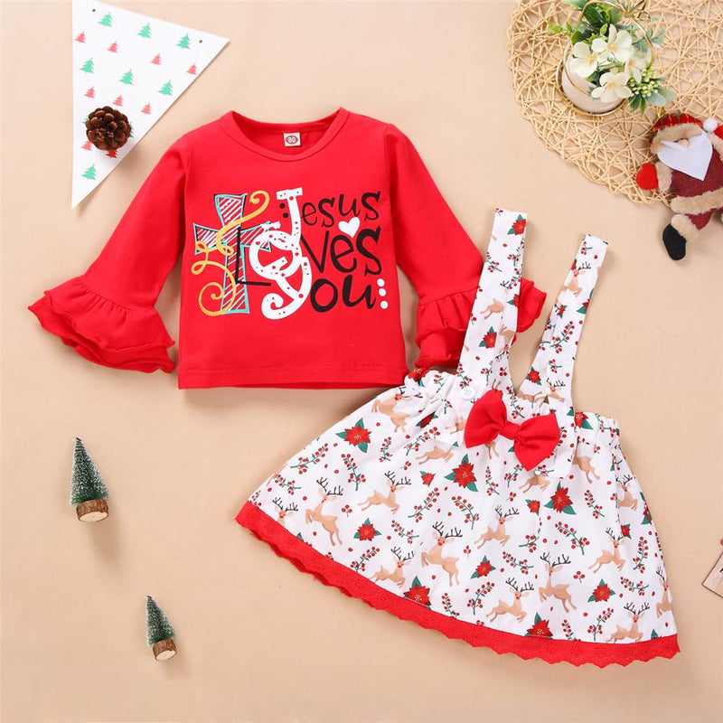 Toddler Girls Christmas Letter Printed Top & Suspender Skirt Wholesale Girls - PrettyKid