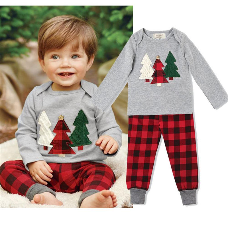 Boys Christmas Tree Long Sleeve Top & Plaid Pants Wholesale Boys Clothing Suppliers - PrettyKid