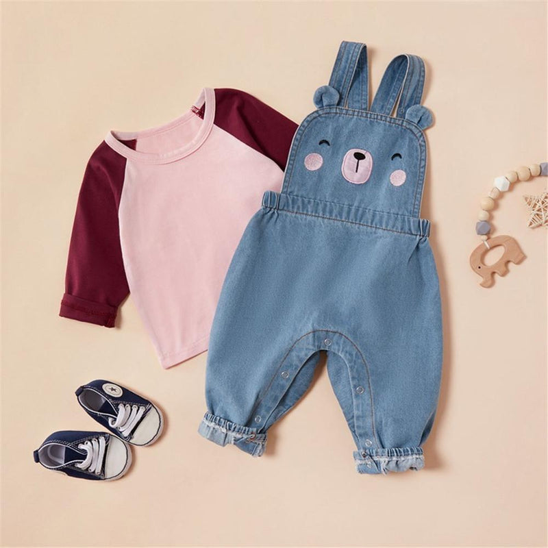 Girls Color Black Long Sleeve Tops & Denim overalls - PrettyKid