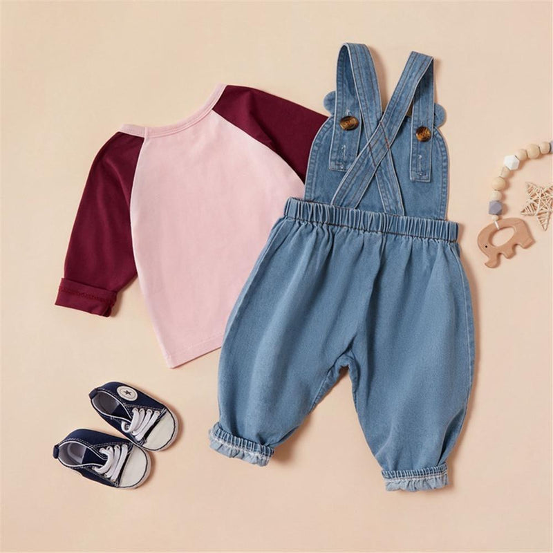 Girls Color Black Long Sleeve Tops & Denim overalls - PrettyKid