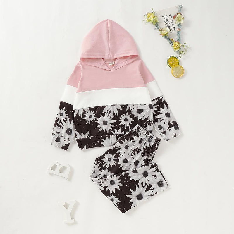 Unisex Color Block Flower Printed Hooded Long Sleeve Top & Pants Kids Wear Wholesale - PrettyKid