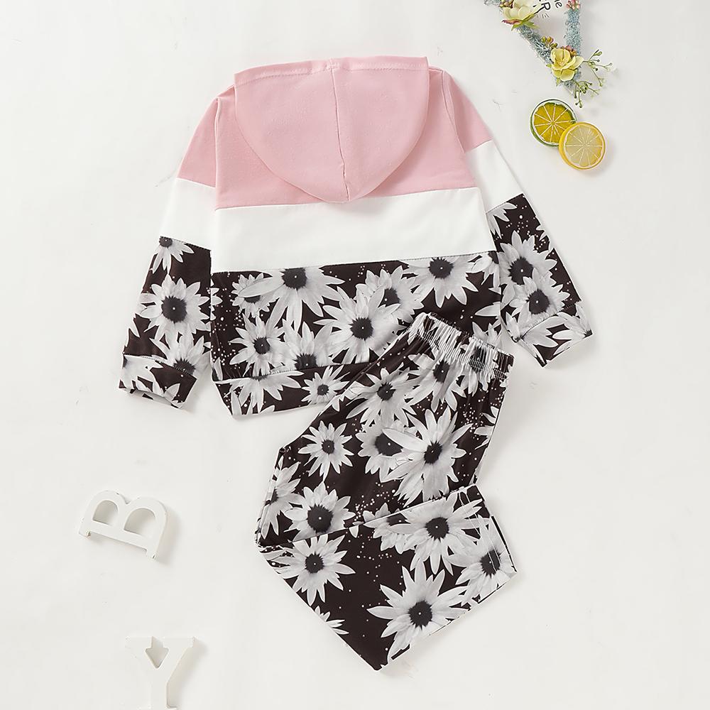 Unisex Color Block Flower Printed Hooded Long Sleeve Top & Pants Kids Wear Wholesale - PrettyKid