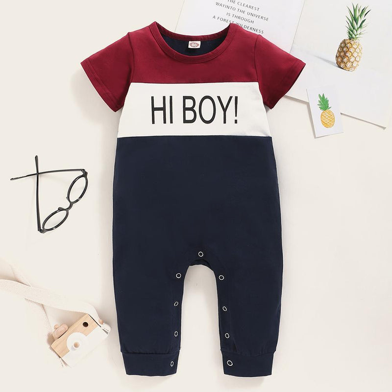 Baby Boys Color Block Letter Hi Boy Short Sleeve Romper Baby clothing Suppliers - PrettyKid