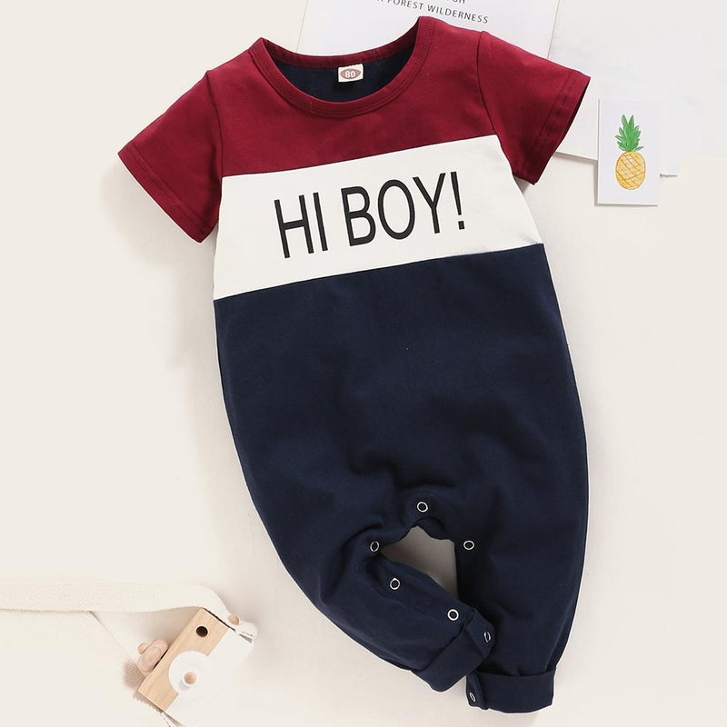 Baby Boys Color Block Letter Hi Boy Short Sleeve Romper Baby clothing Suppliers - PrettyKid