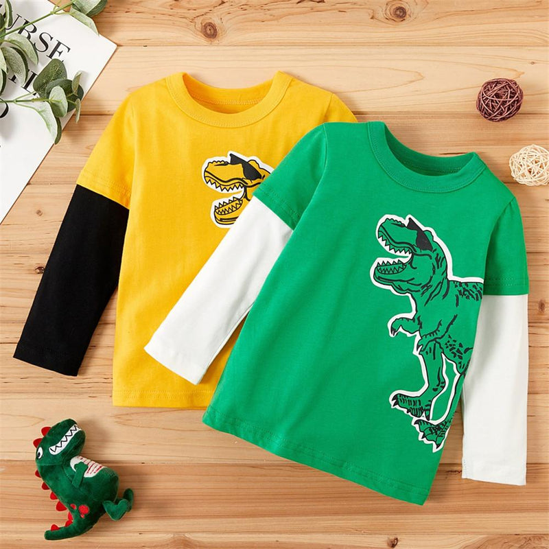 Boys Color Block Long Sleeve Dinosaur Animal Printed Tops - PrettyKid
