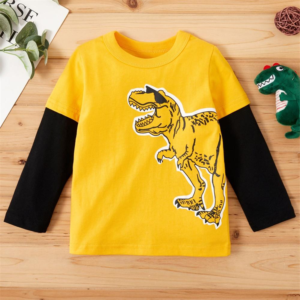 Boys Color Block Long Sleeve Dinosaur Animal Printed Tops - PrettyKid