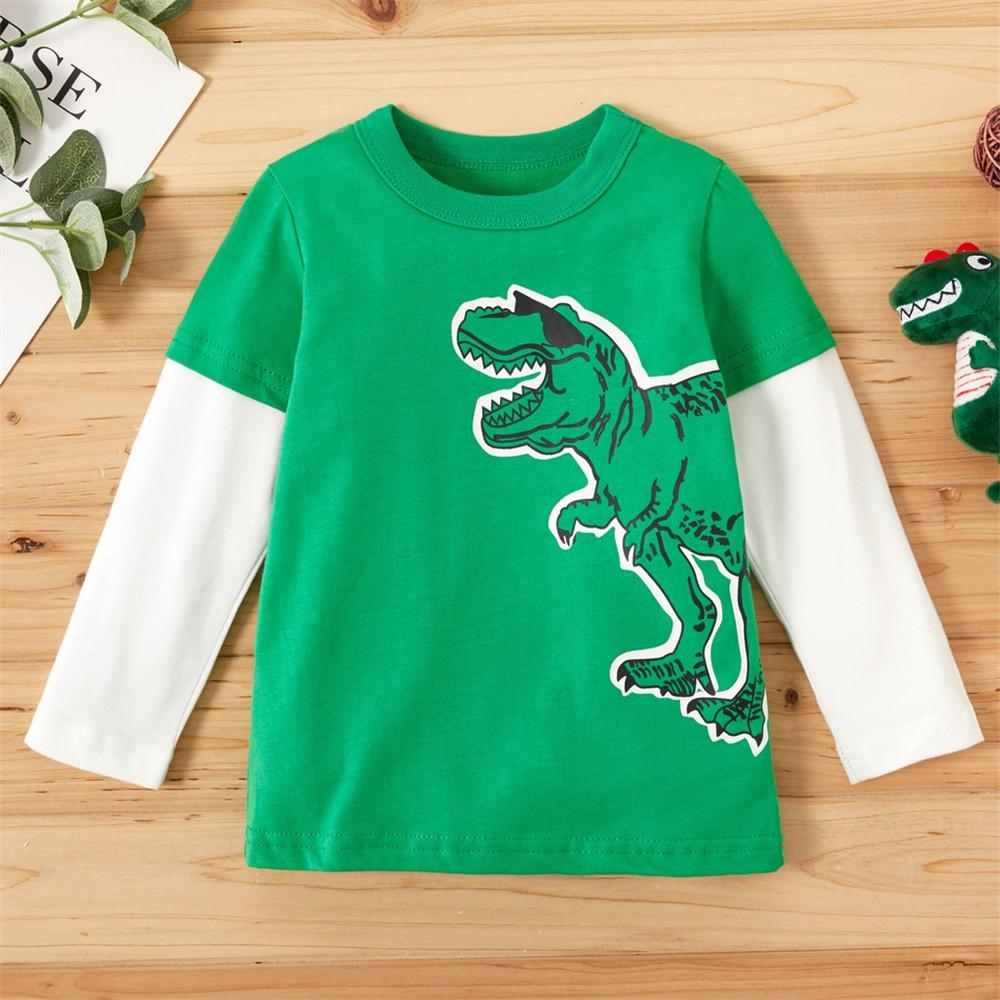 Boys Color Block Long Sleeve Dinosaur Animal Printed Tops - PrettyKid