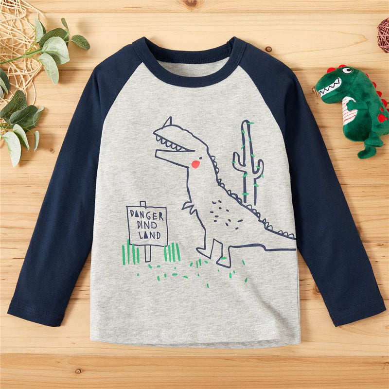Boys Color Block Long Sleeve Dinosaur Print Tops - PrettyKid