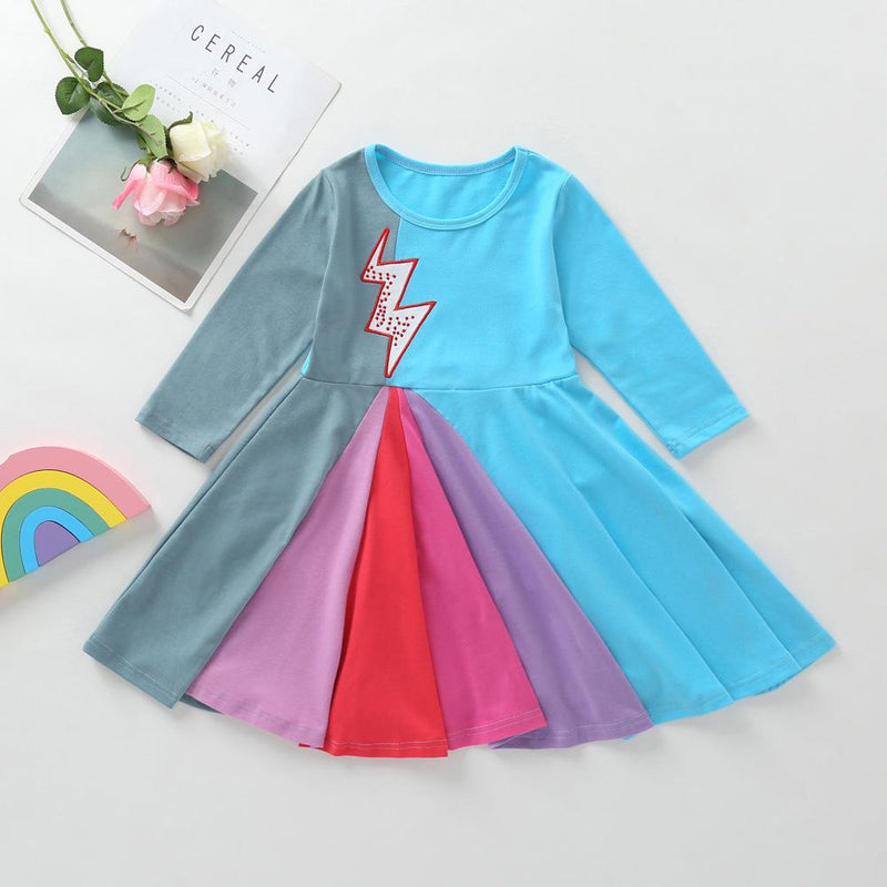 Girls Color Block Long Sleeve Pleated Dress Girl Boutique Clothing Wholesale - PrettyKid