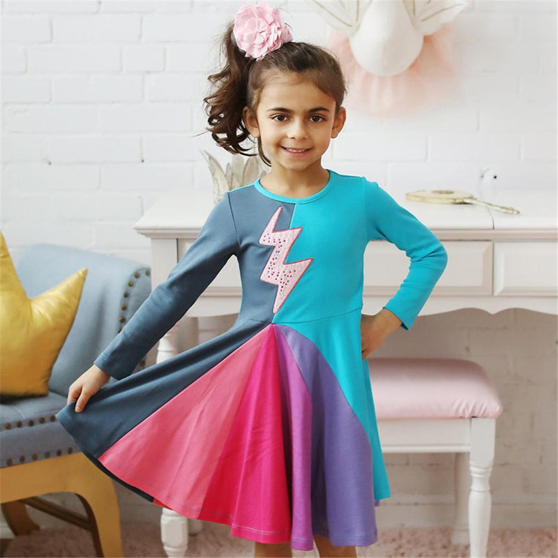 Girls Color Block Long Sleeve Pleated Dress Girl Boutique Clothing Wholesale - PrettyKid