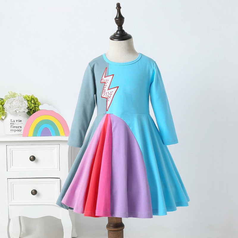Girls Color Block Long Sleeve Pleated Dress Girl Boutique Clothing Wholesale - PrettyKid