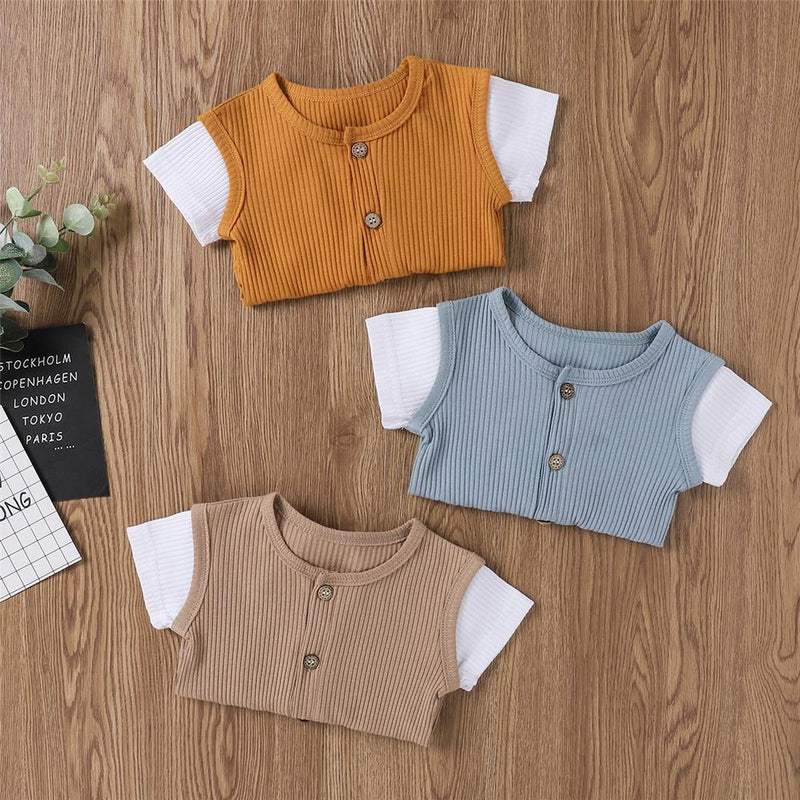 Baby Unisex Color Block Short Sleeve Button Romper Baby clothing Wholesale vendors - PrettyKid