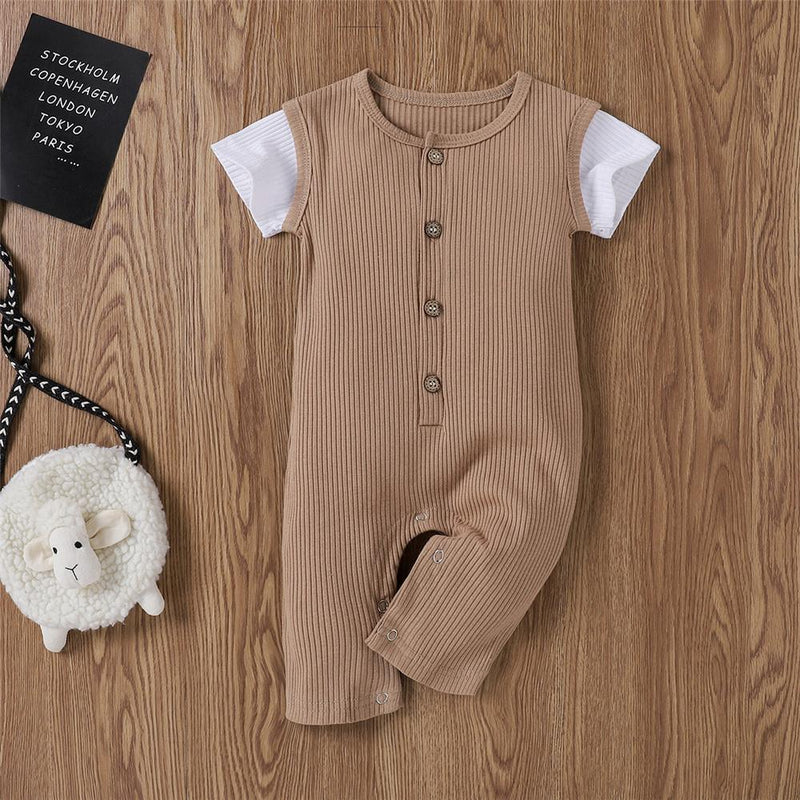 Baby Unisex Color Block Short Sleeve Button Romper Baby clothing Wholesale vendors - PrettyKid