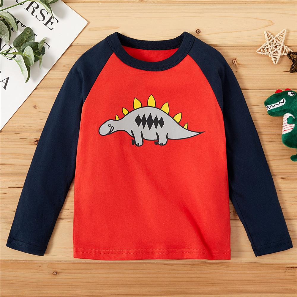 Boys Color Blocking Long Sleeve Dinosaur Print Tops - PrettyKid