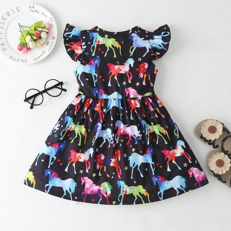 Girls Colorful Unicorn Printed Flying Sleeve Dress Wholesale Little Girls Clothes - PrettyKid