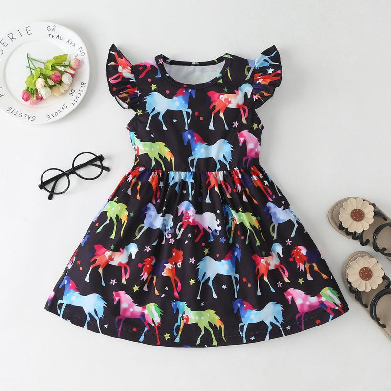Girls Colorful Unicorn Printed Flying Sleeve Dress Wholesale Little Girls Clothes - PrettyKid