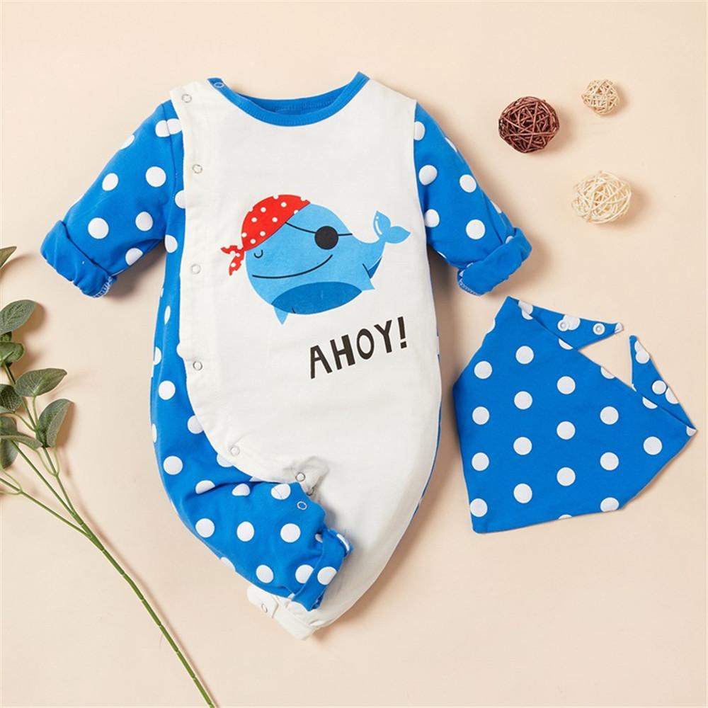 Baby Boys Cool Whale Cartoon Polka Dot Rompers & Bibs - PrettyKid