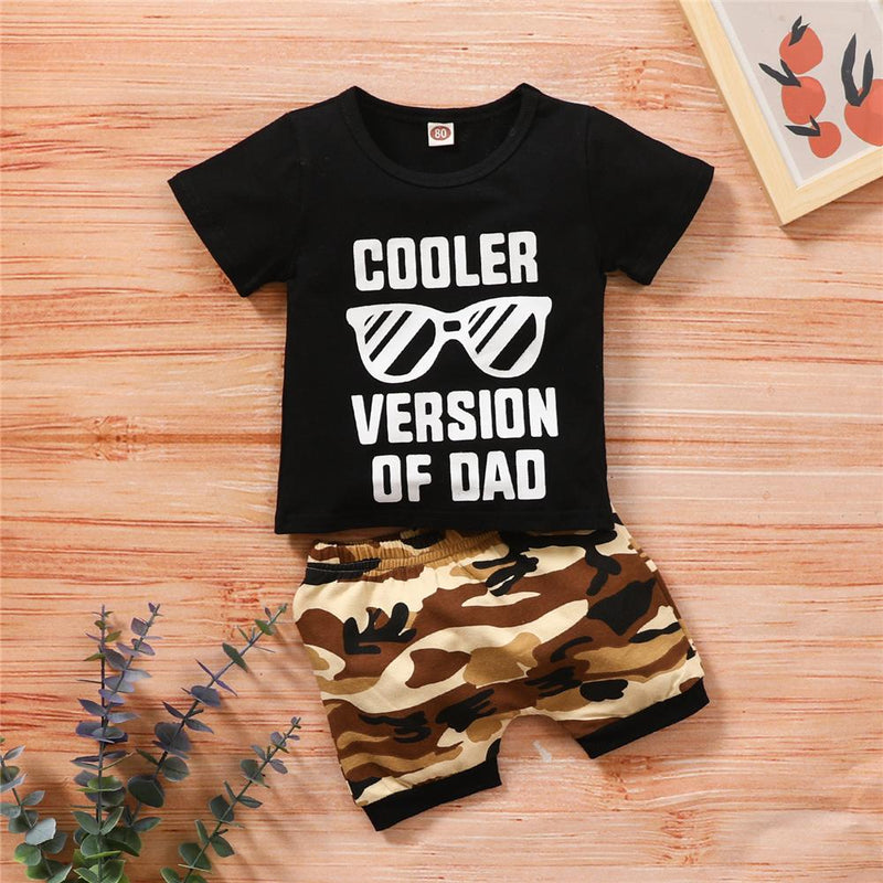 Boys Cooler Version Of Dad Printed Short Sleeve Top & Camo Shorts Little Boys Wholesale Clothing - PrettyKid