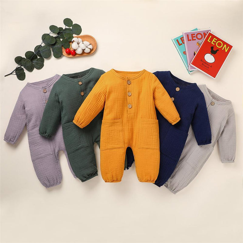 Baby Unisex Cotton Linen Button Pocket Romper Baby Clothes Cheap Wholesale - PrettyKid