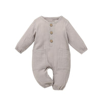 Baby Unisex Cotton Linen Button Pocket Romper Baby Clothes Cheap Wholesale - PrettyKid