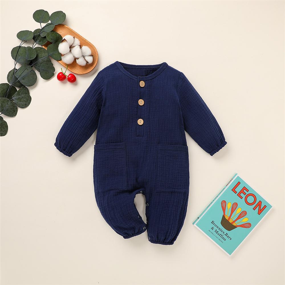 Baby Unisex Cotton Linen Button Pocket Romper Baby Clothes Cheap Wholesale - PrettyKid