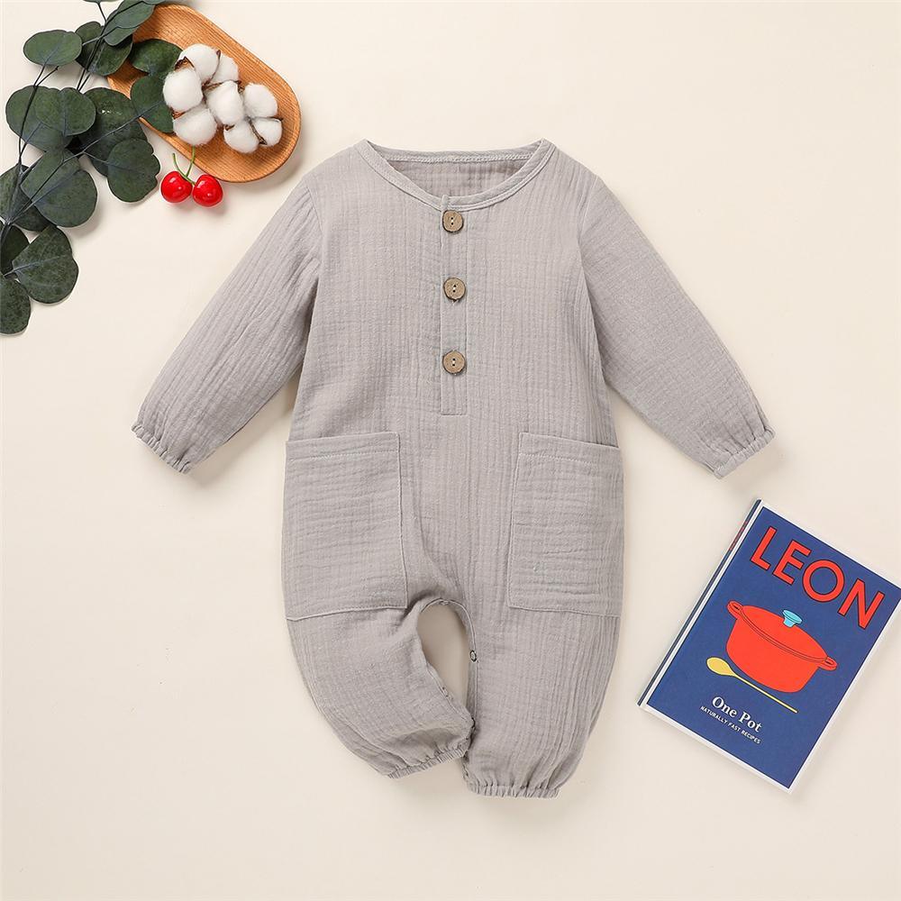 Baby Unisex Cotton Linen Button Pocket Romper Baby Clothes Cheap Wholesale - PrettyKid